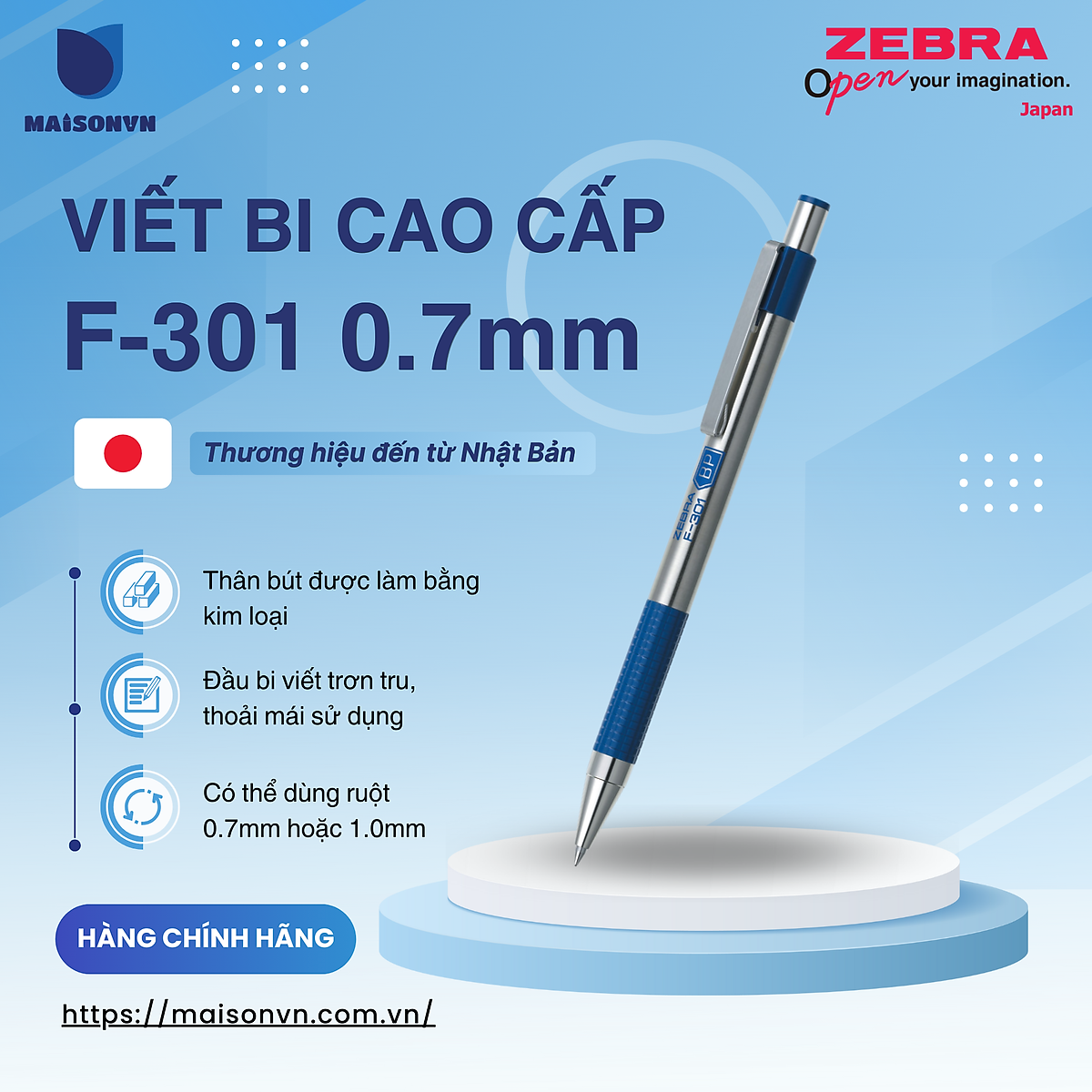 Viết bi bấm kim loại Zebra F301 0.7mm [Chính hãng] - mực xanh