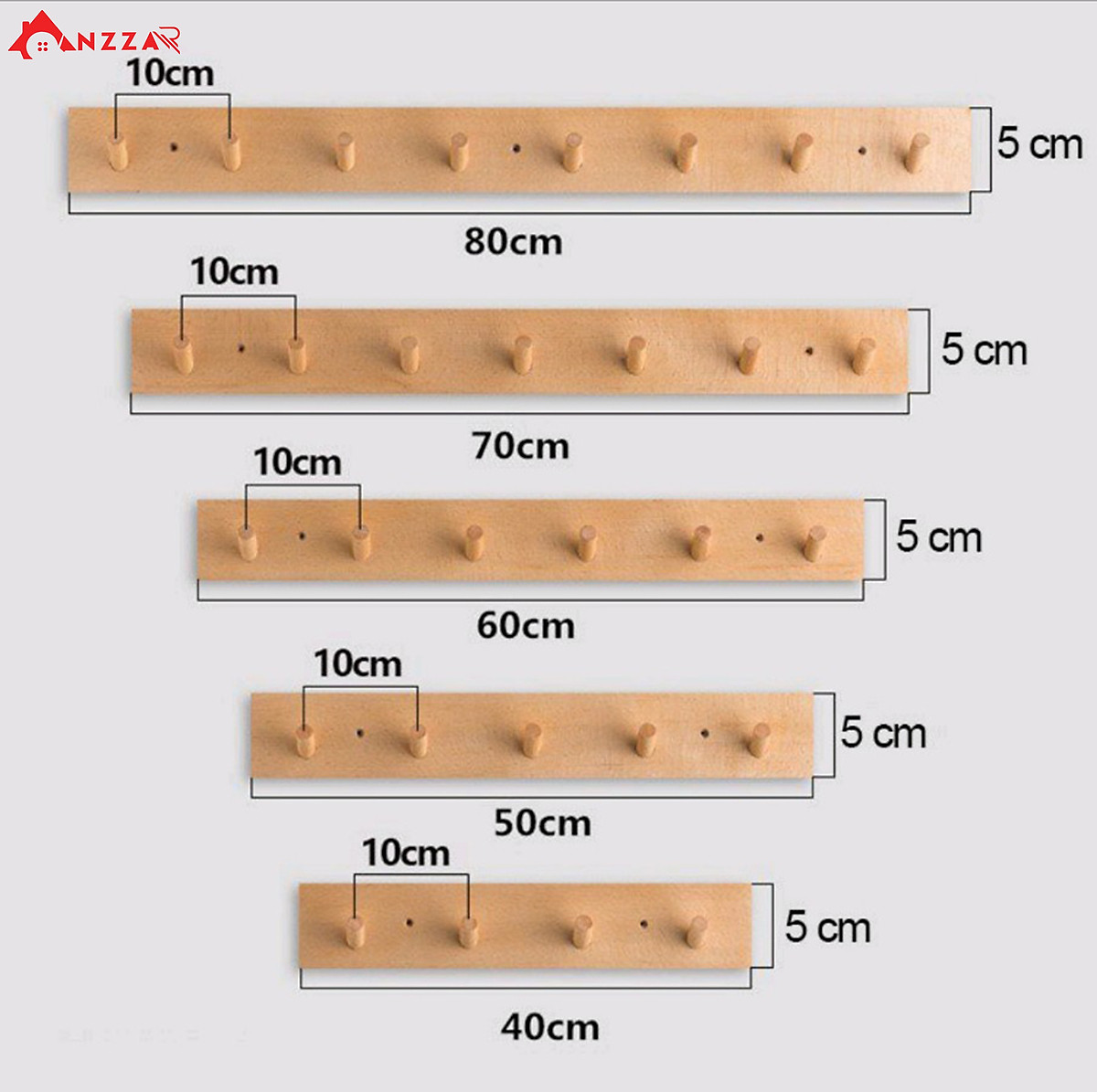 Móc gỗ treo tường trang trí, móc gỗ treo quần áo, phụ kiện Anzzar, decor phòng ngủ