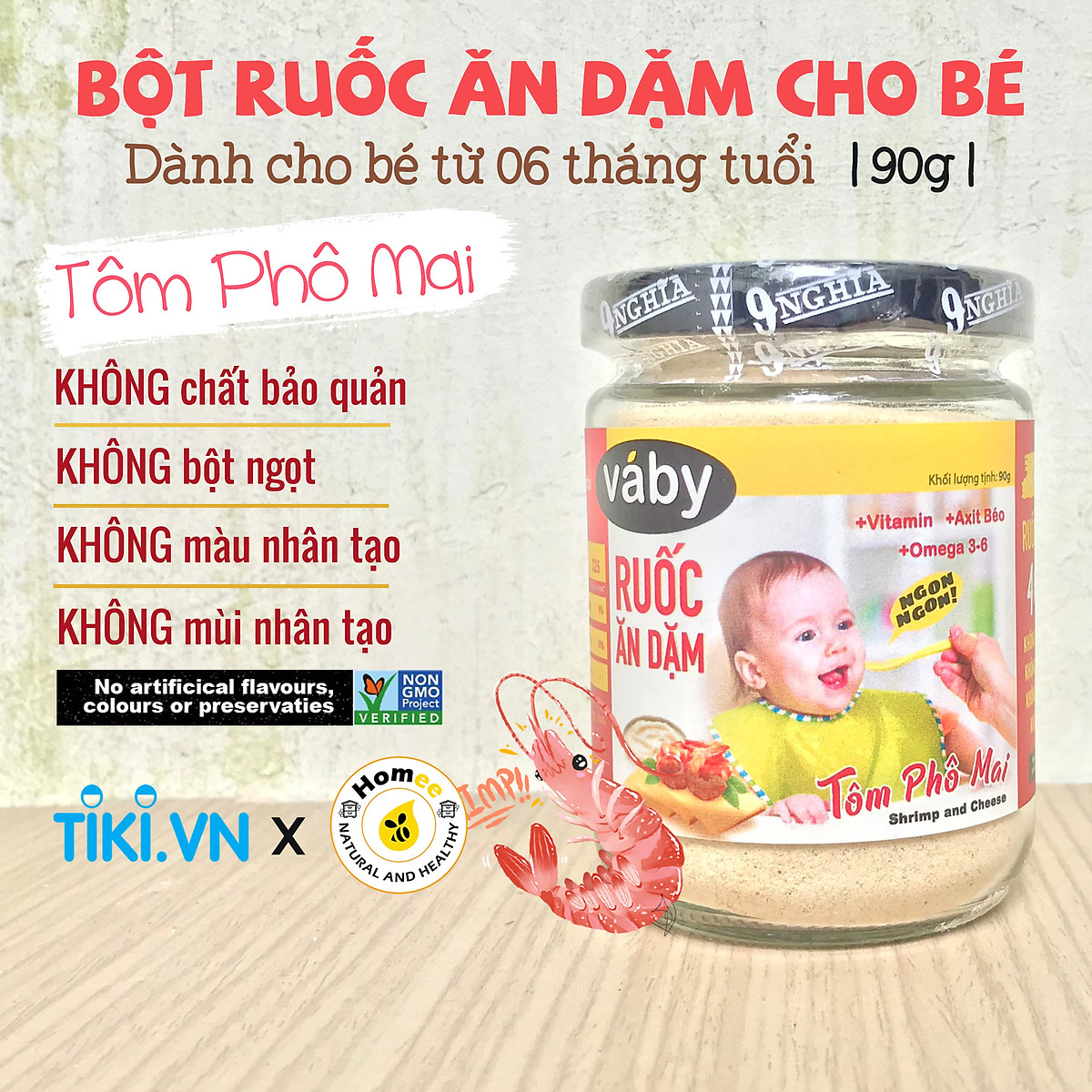 Bột ruốc ăn dặm Tôm & Phô Mai dành cho bé VABY hủ 90g - Gia vị nêm và rắc dành cho bé từ 6 tháng tuổi