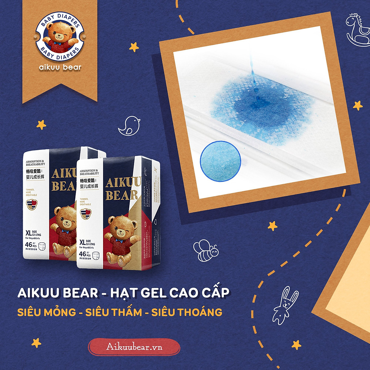 Tã Bỉm AIKUU BEAR Dán/Quần đủ size S56,M50,L48,XL46,XXL44,XXXL42 Chính Hãng