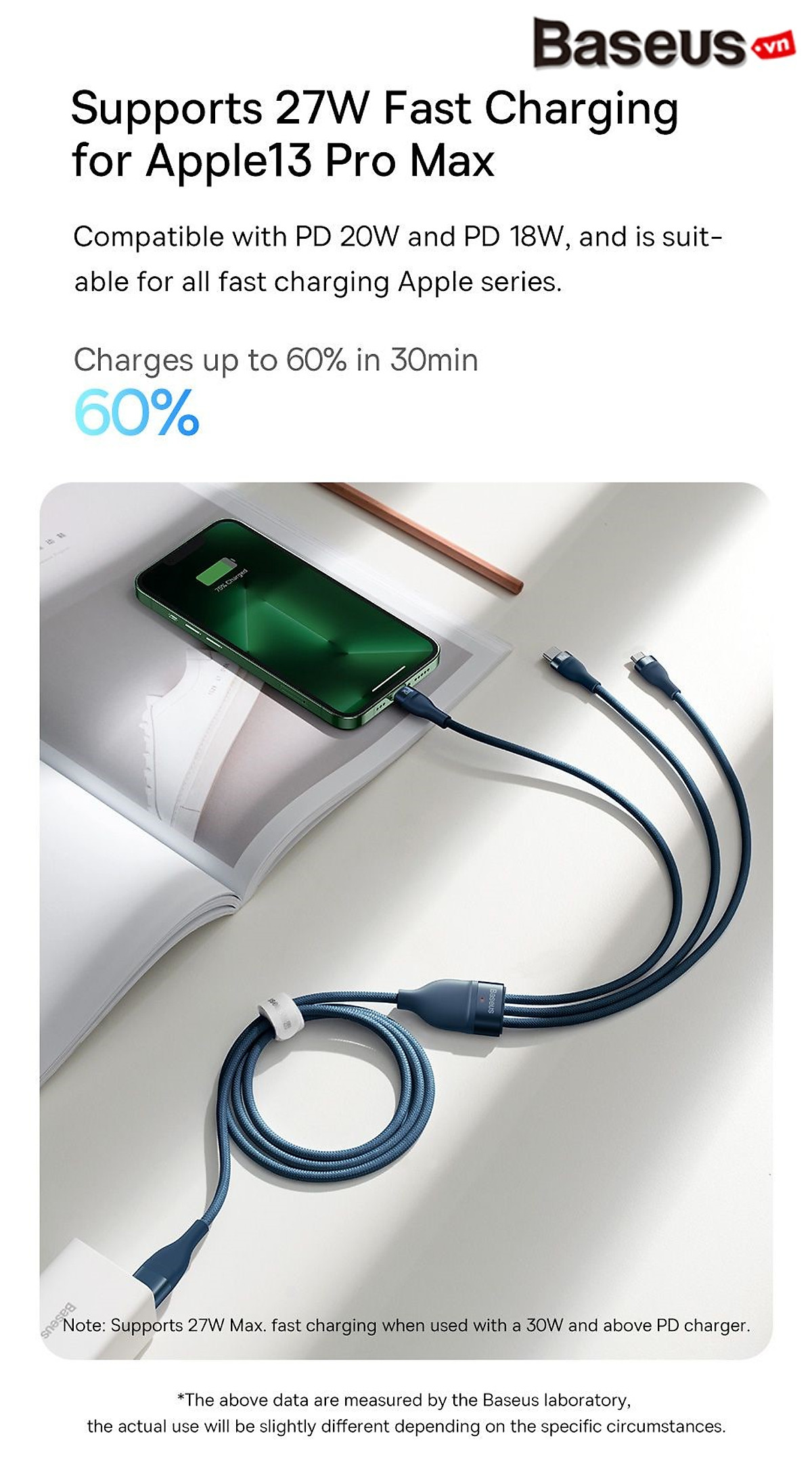 Cáp sạc nhanh 3 đầu Baseus Flash Series Ⅱ PRO Two-for-three Charging Cable U+C to M+L+C 100W (Hàng chính hãng)