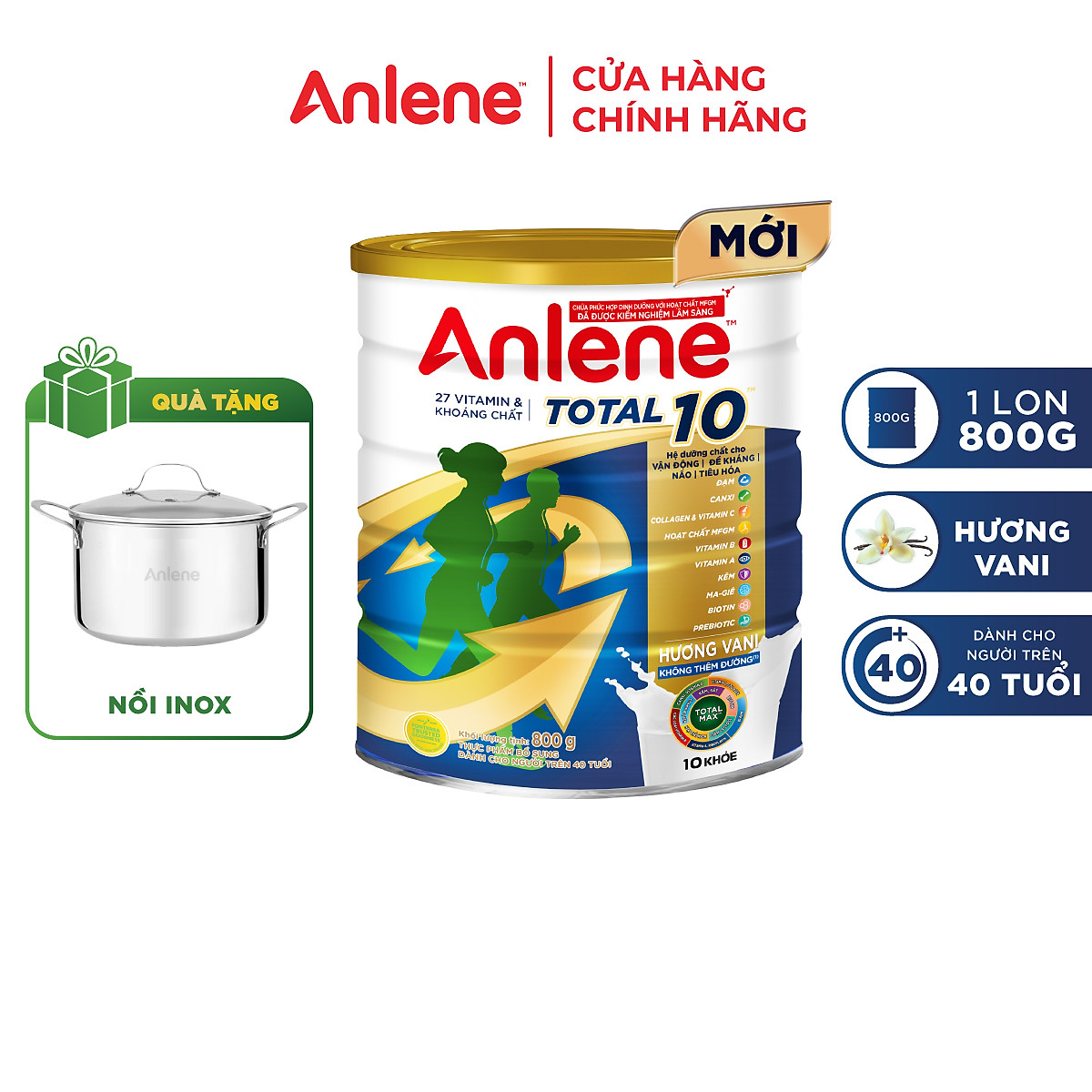Sữa bột bổ sung dinh dưỡng Anlene Total 10 lon 800g - Tặng nồi lẩu inox