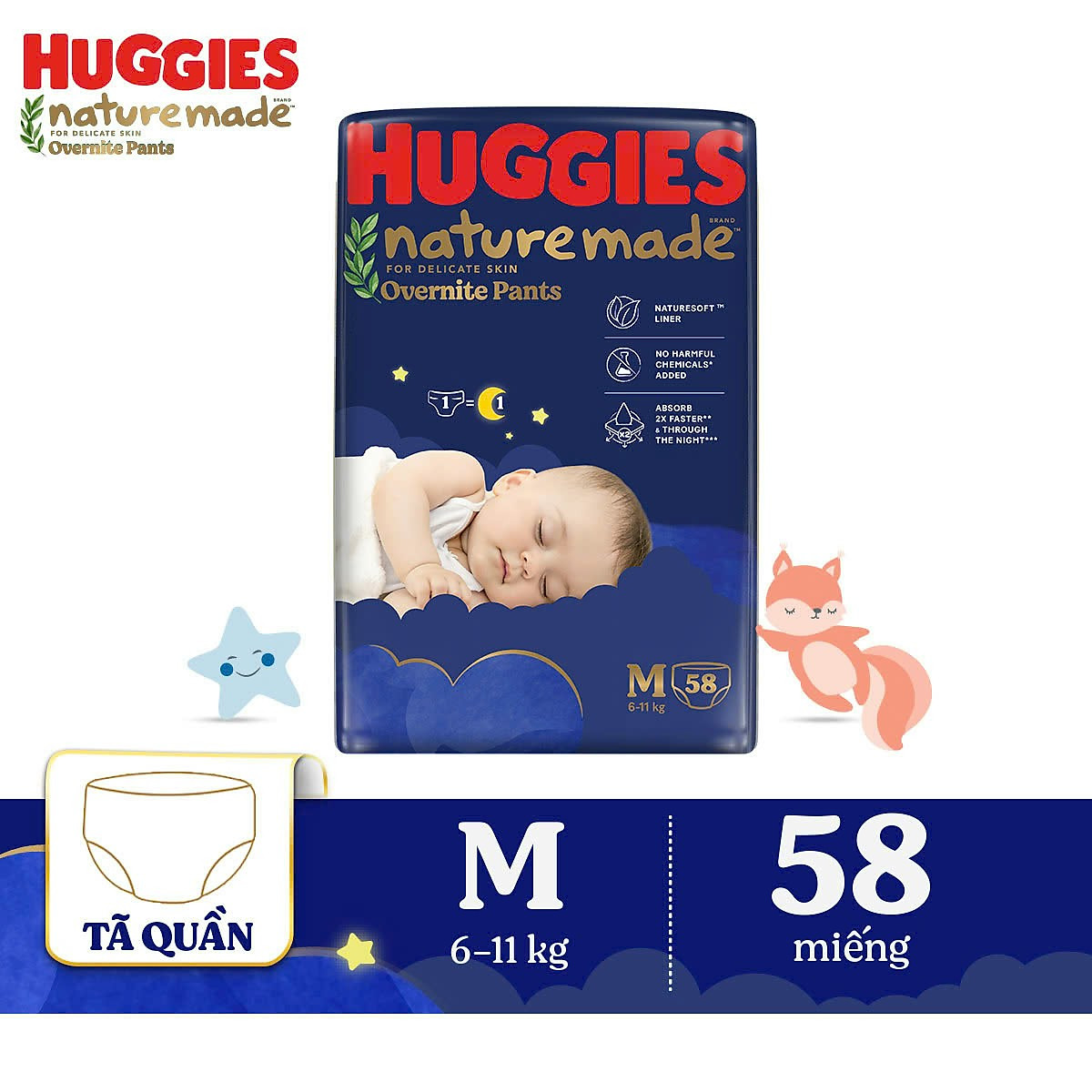 Tã quần Huggies Naturemade ban đêm M 58 miếng