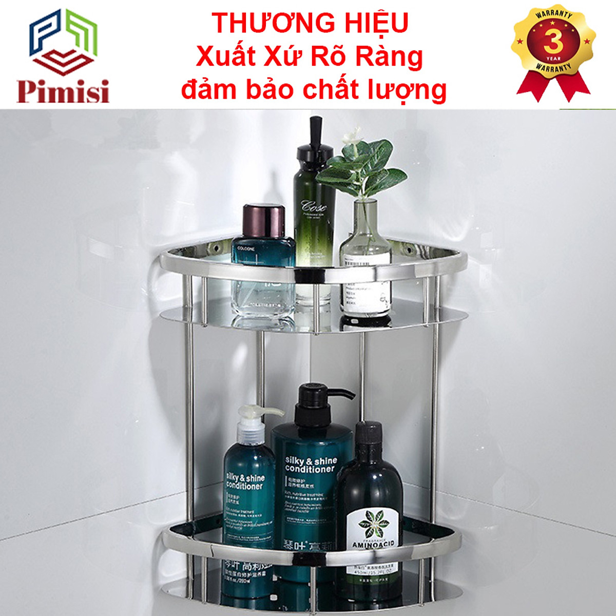 Kệ Góc Nhà Tắm Để Đồ Trong Phòng Vệ Sinh Pimisi Inox 304 Hình Tam Giác Đựng Đồ Trong Phòng Tắm Hoặc Kệ Nhà Bếp 1 - 2 Tầng Sáng Bóng Dễ Vệ Sinh, Gắn Tường Bằng Khoan Vít Đinh Chắc Chắn | Hàng chính hãng