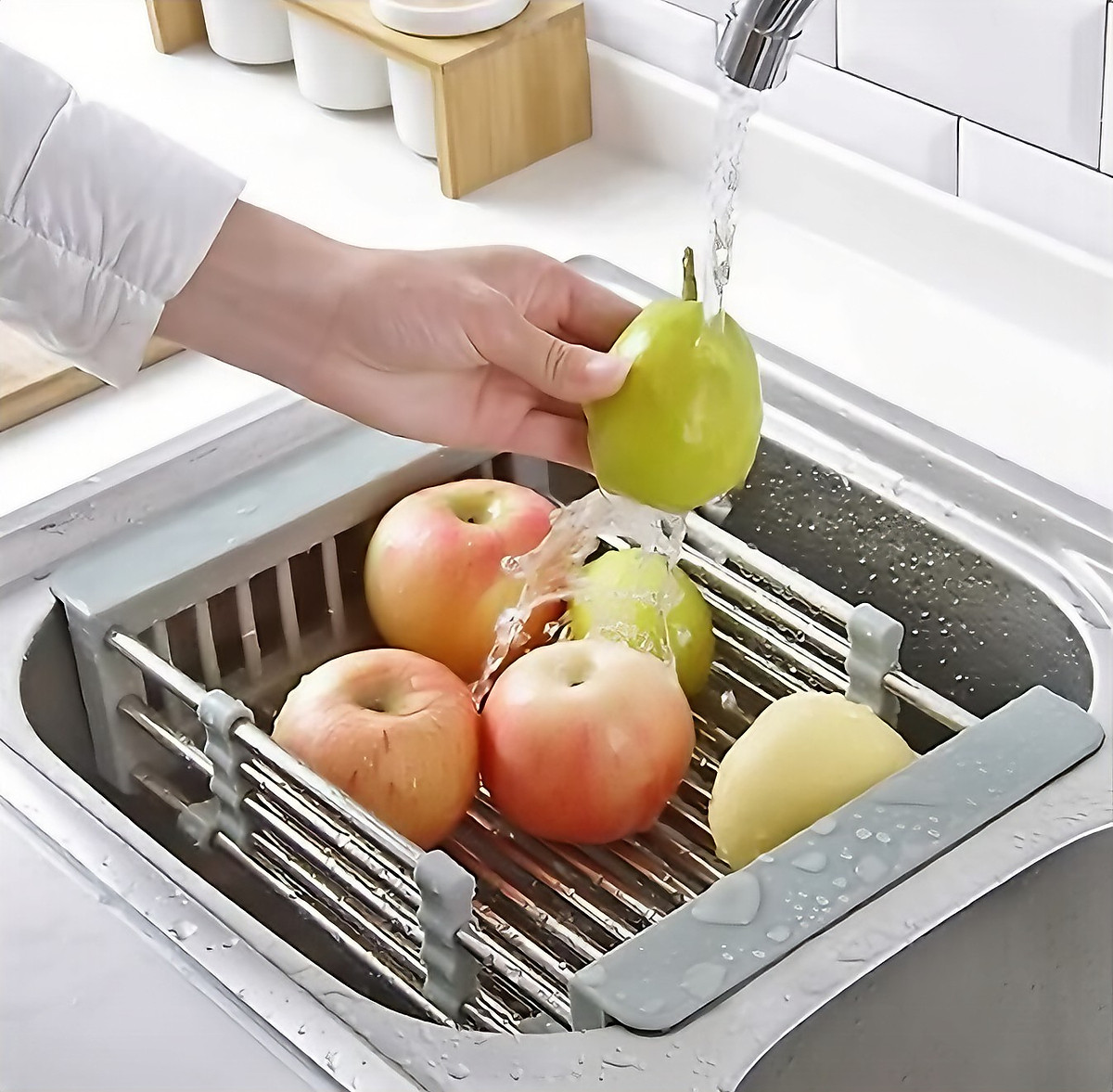 Rổ kéo KG19 gác trên bồn rửa trái cây, rau củ, chén bát đựng đồ đa năng kt điều chỉnh phù hợp mọi loại chậu inox304- Hàng chính hãng