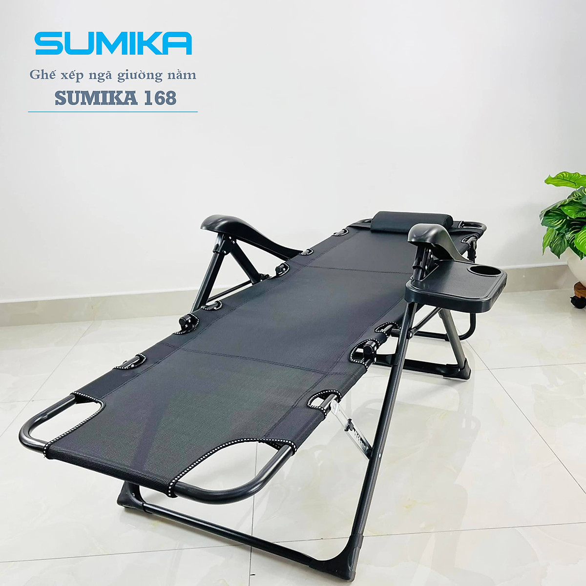 Ghế xếp thư giãn cao cấp SUMIKA 168 - Có thể ngã thành giường nằm, vải lưới Textilene thoáng khí, gối có thể tháo rời, tải trọng 300kg, khung ghế bằng thép không gỉ, đế chống trượt