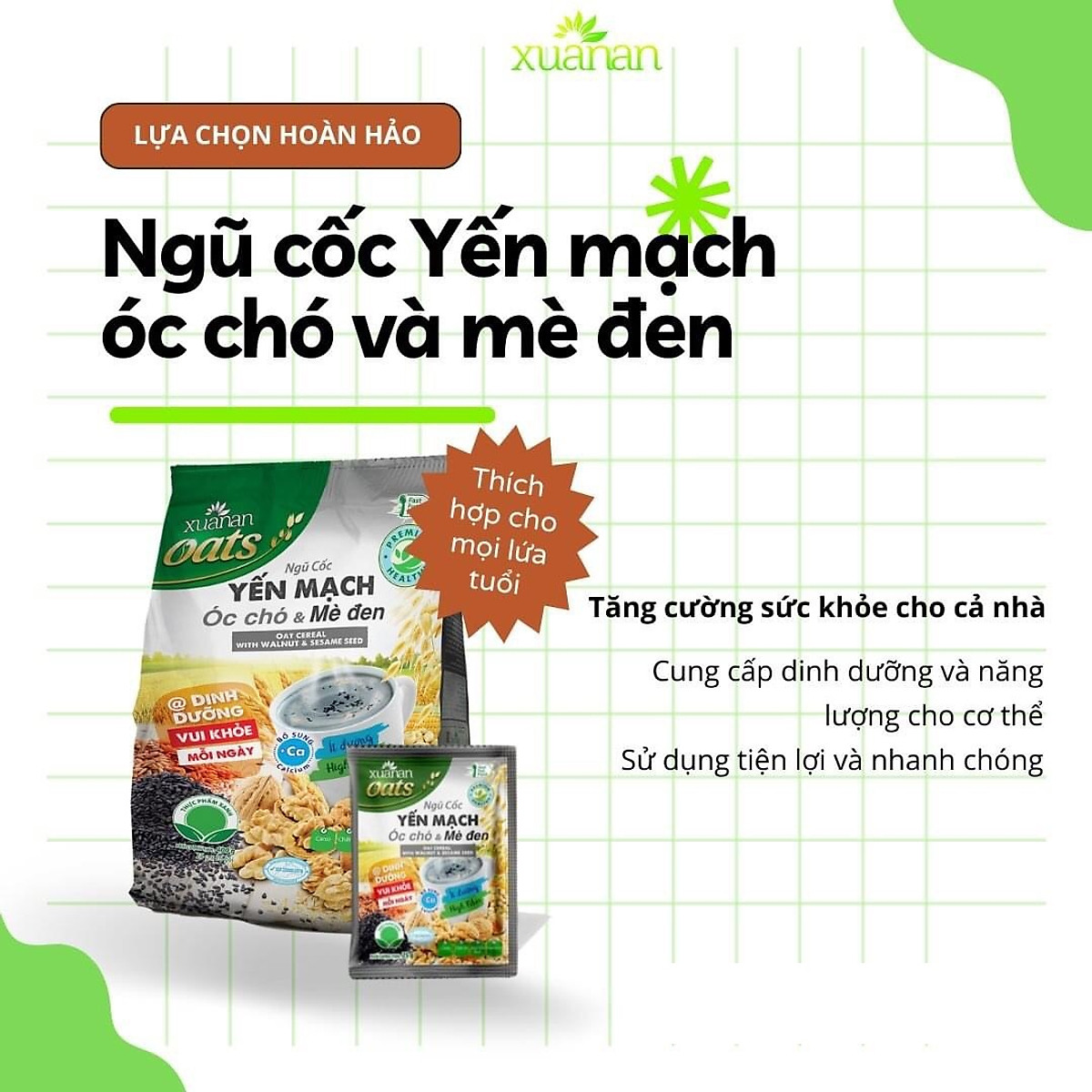 Ngũ Cốc Yến Mạch, Óc Chó Và Mè Đen Xuân An [ít đường] Túi 400G {25g*16 gói}