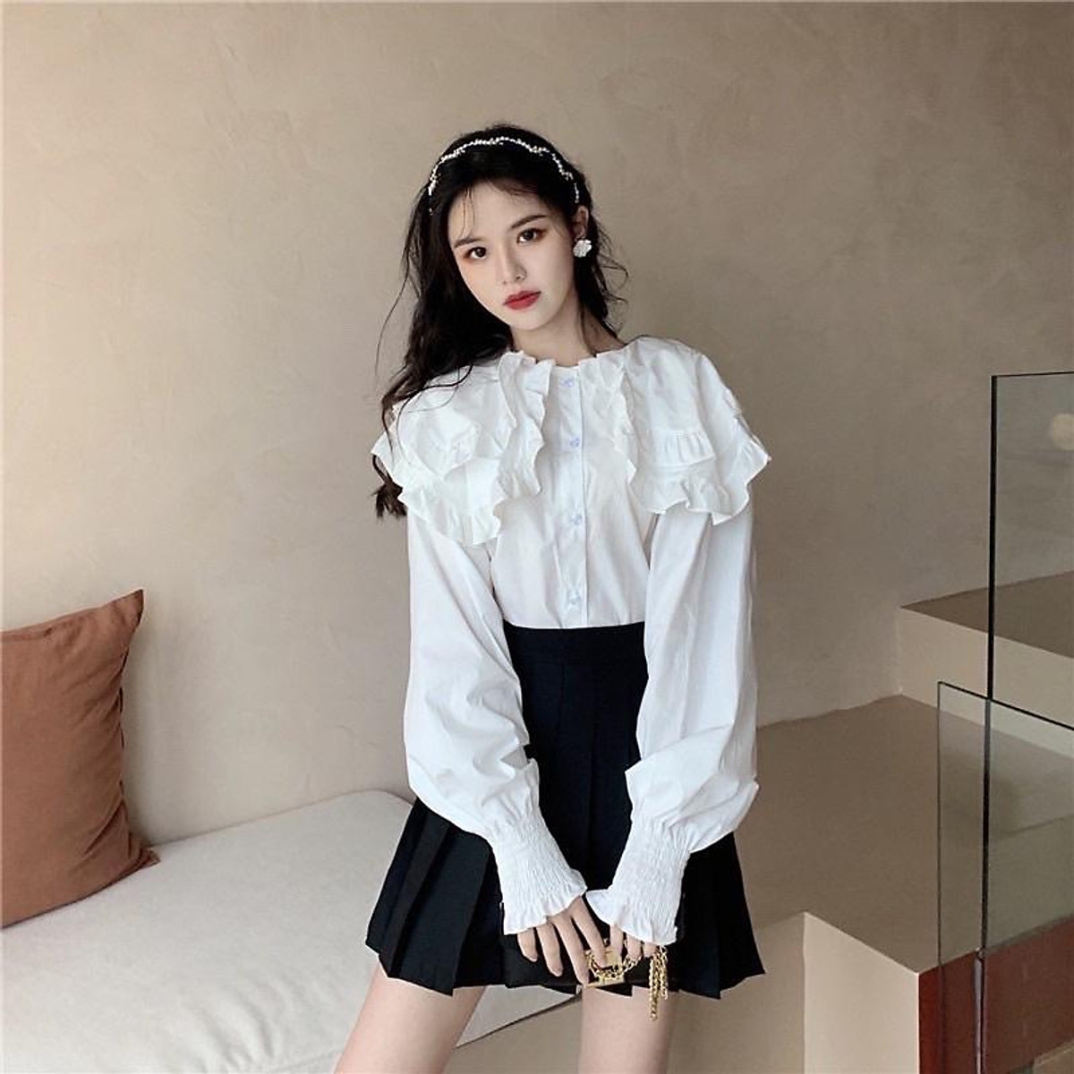 Áo Sơmi Cổ Bèo Tay Phồng Tiểu Thư Tay Bo Chun_A016 babydoll mầu trắng, xanh nhạt, Áo Sơmi Cổ Bèo Tay Phồng Tiểu Thư Tay Bo Chun_A016 Babydoll Mầu Trắng, Xanh Nhạt,