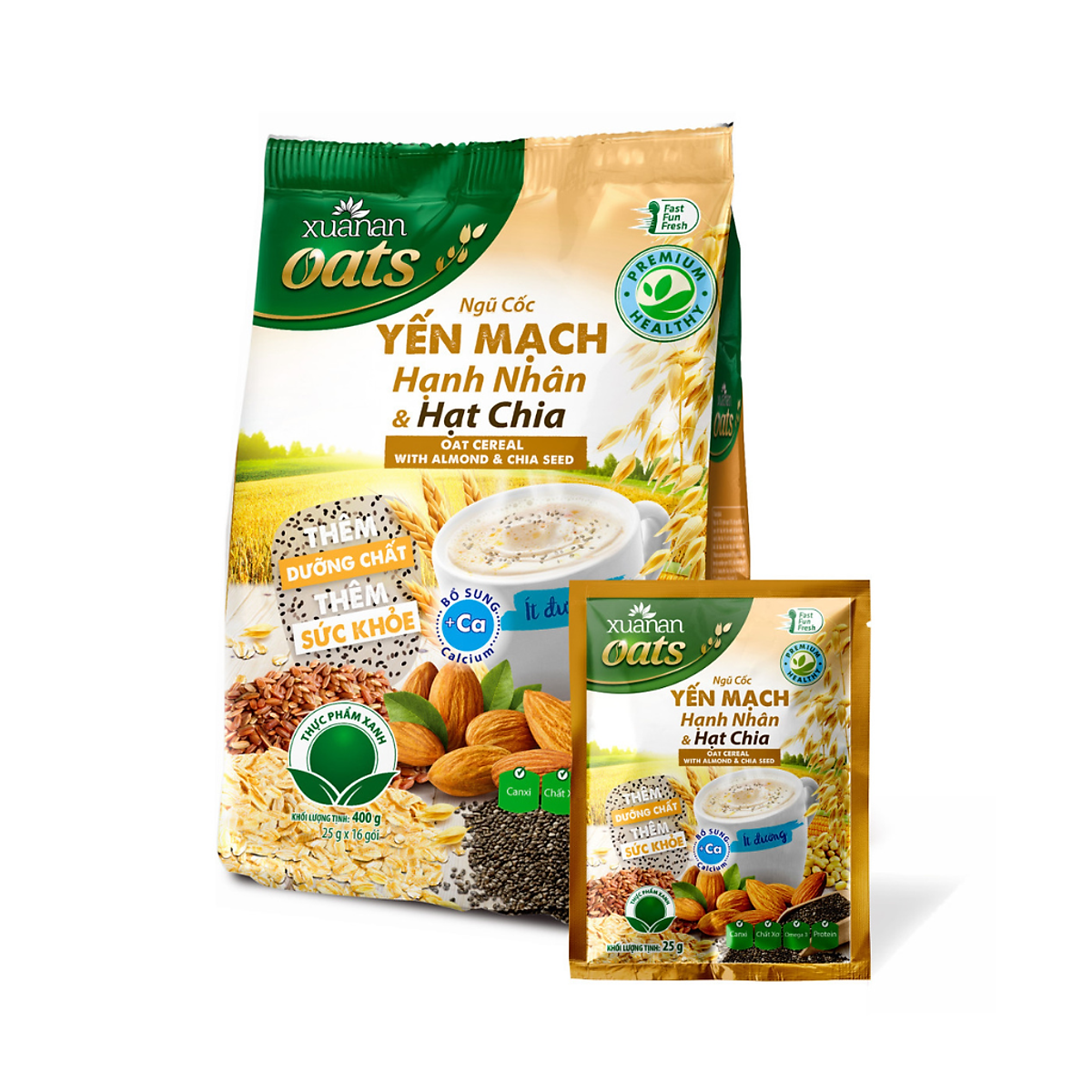 Ngũ Cốc Yến Mạch Hạnh Nhân Hạt Chia Xuân An [ít đường] Túi 400G {25g*16 gói}(Tặng Kèm 1 Túi Yến Mạch 150G)