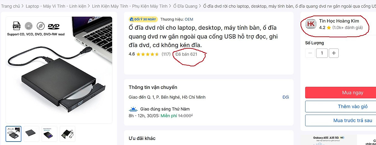 Ổ đĩa dvd rời cho laptop, desktop, máy tính bàn, ổ đĩa quang dvd rw gắn ngoài qua cổng USB hỗ trợ đọc, ghi đĩa dvd, cd không kén đĩa - Hàng chính hãng