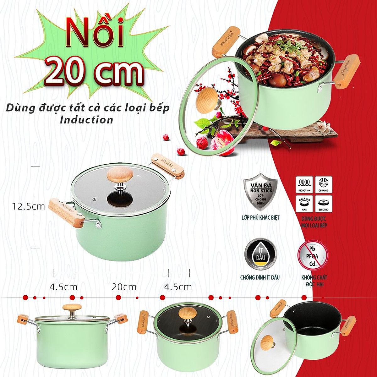 Bộ nồi chảo 2 món SL2, quánh 16cm + nồi 20cm + chảo vuông 15x20cm Seoulcook Hàn Quốc, dùng cho bếp gas, hồng ngoại – Hàng chính hãng