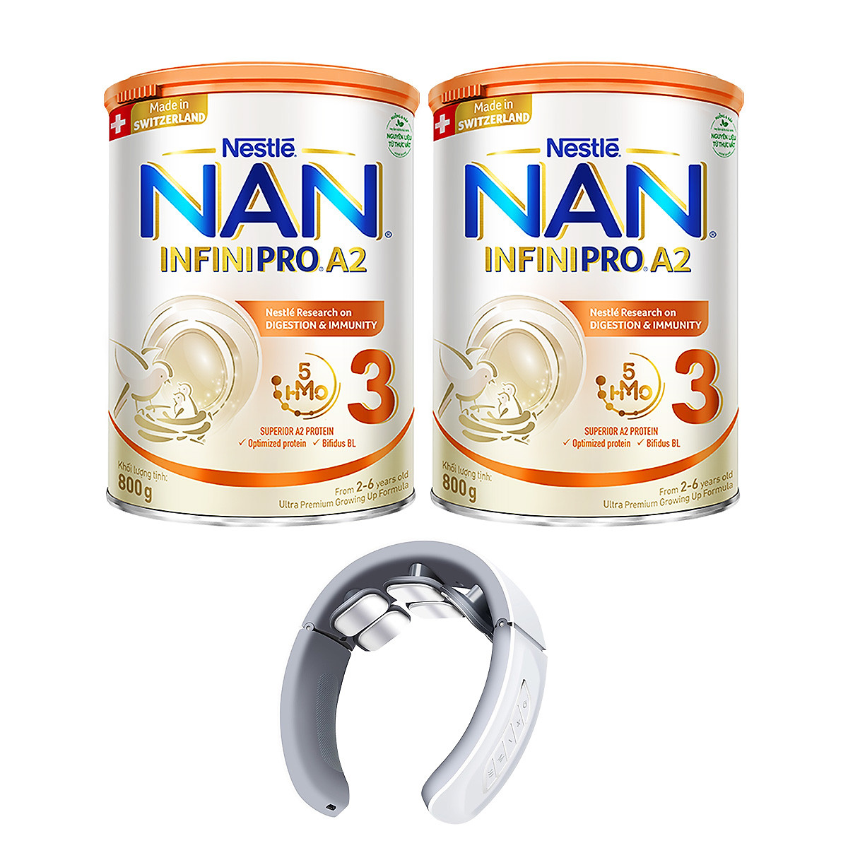 Bộ 2 Lon Sữa bột NAN INFINIPRO A2 800g Thụy Sĩ 3 với đạm quý A2 tiêu hóa tốt sau 7 ngày và 5HMO tăng cường đề kháng + Tặng Máy massage cổ​ (2 - 6 tuổi)