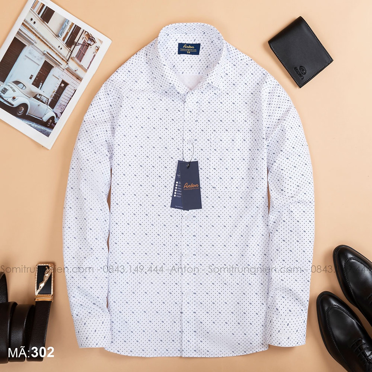Áo Sơ Mi Nam Công Sở Trung Niên Thương Hiệu Anton Dài Tay Trắng Vải Cotton Họa Tiết Chấm Bi Nhỏ - Y302 Áo Sơ Mi Nam Công Sở Trung Niên Thương Hiệu Anton Dài Tay Trắng Vải Cotton Họa Tiết Chấm Bi Nhỏ - Y302