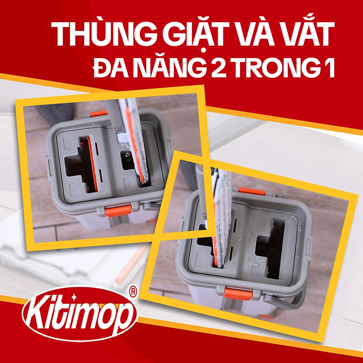 Bộ Cây Lau Nhà KITIMOP PRO MAX - Thùng Lau Nhà Tự Vắt Thông Minh, Chổi Lau Nhà Xoay 360 Độ, Lau Sàn Làm Sạch