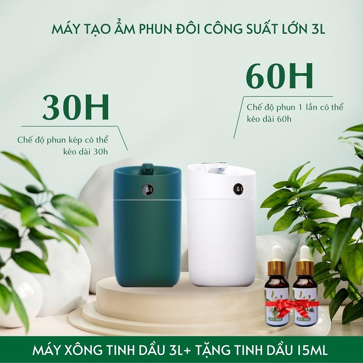Máy xông tinh dầu cỡ lớn Humidifier dung tích 3L, tạo độ ẩm phòng điều