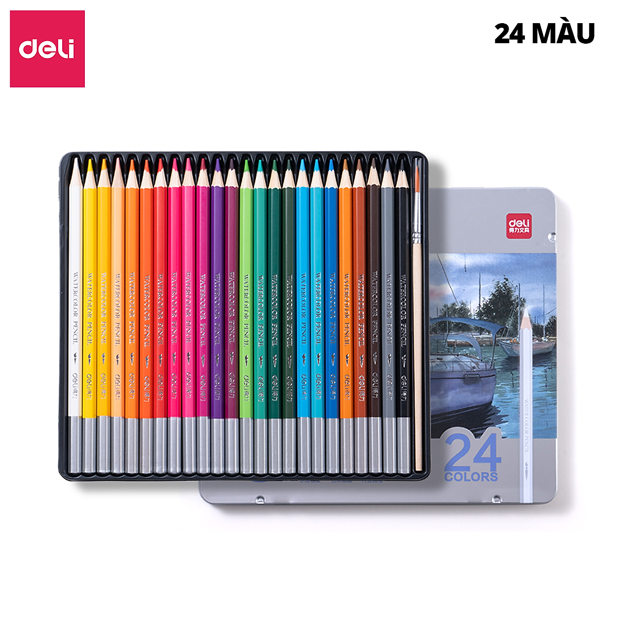Bút Chì Màu Gốc Nước Cao Cấp Deli 24/36/48/72 Màu Hộp Thiếc - Không Dễ Gãy Tô Vẽ Tranh Chuyên Nghiệp