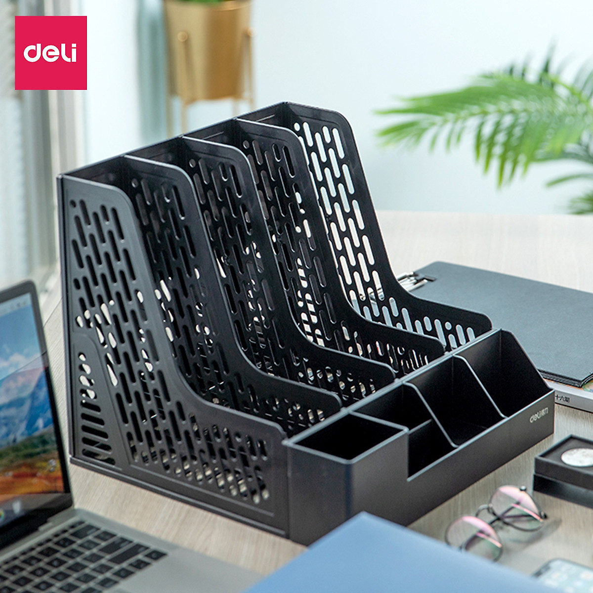 Set giá tài liệu 4 ngăn kèm hộp bút Deli - Xanh Dương/ Xám/ Đen - 78981