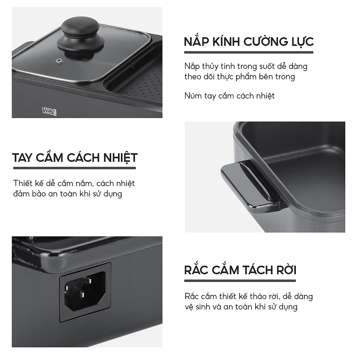 Nồi lẩu điện 2 ngăn mini Lebenlang LBL8583, bếp lẩu nướng 2in1 công suất 1300W, 1200ml nhanh gọn tiện lợi - hàng chính hãng