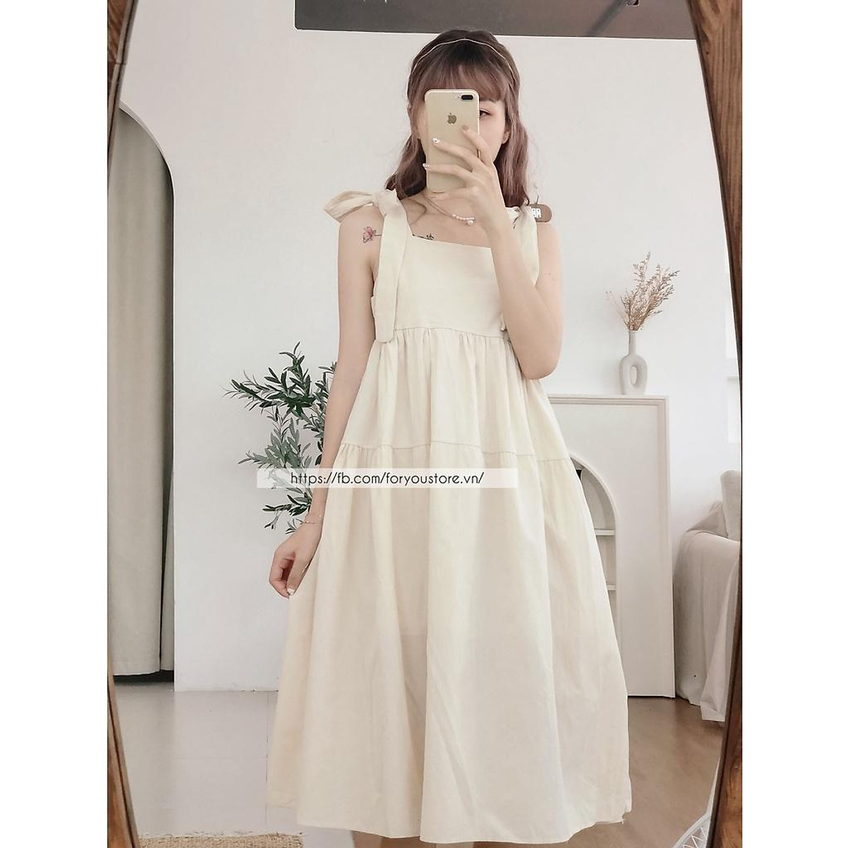 Váy hai dây thô đầm nơ vai xinh xắn tiểu thư - VN0064
