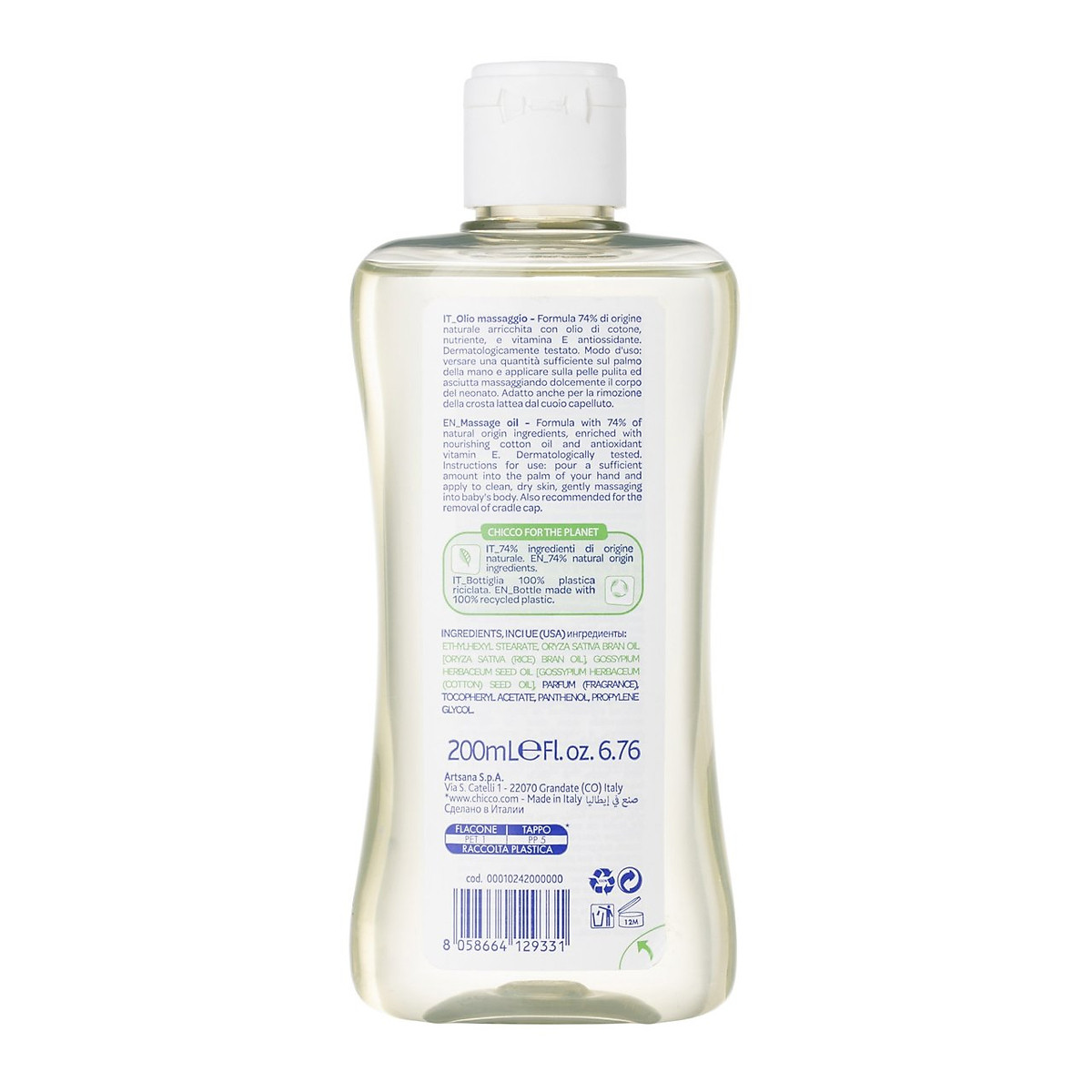Dầu mát-xa chiết xuất hạt bông cho bé 0M+ Chicco 200ml - Tặng sữa tắm gội chiết xuất yến mạch Chicco 0M+ 50ml