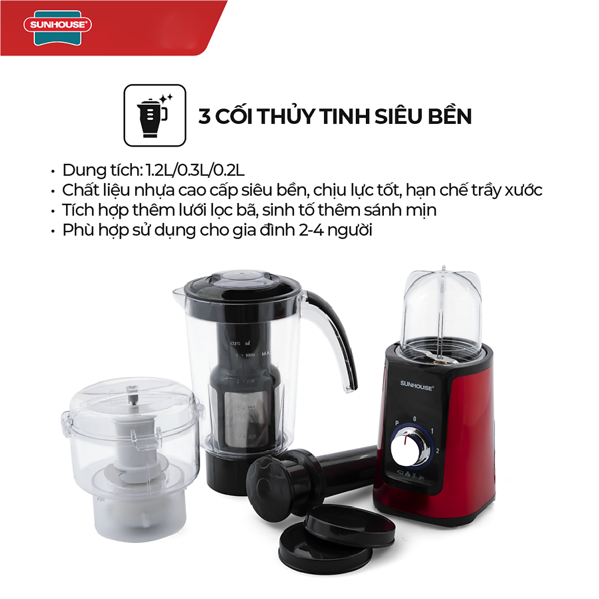 Máy Xay Sinh Tố Đa Năng Sunhouse SHD5322 (220W - 1.25 Lít) - Đỏ - Hàng Chính Hãng