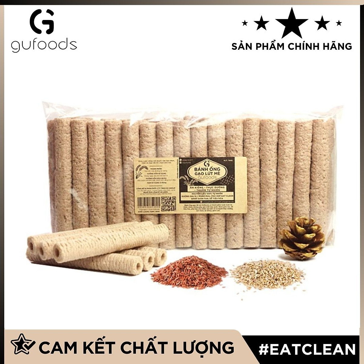 Bánh ống gạo lứt ăn kiêng GUfoods (Vị đậu đỏ hạt sen / Vị mè) - Giòn tan, Dễ tiêu hóa, Thực dưỡng, Eat clean, Thuần chay