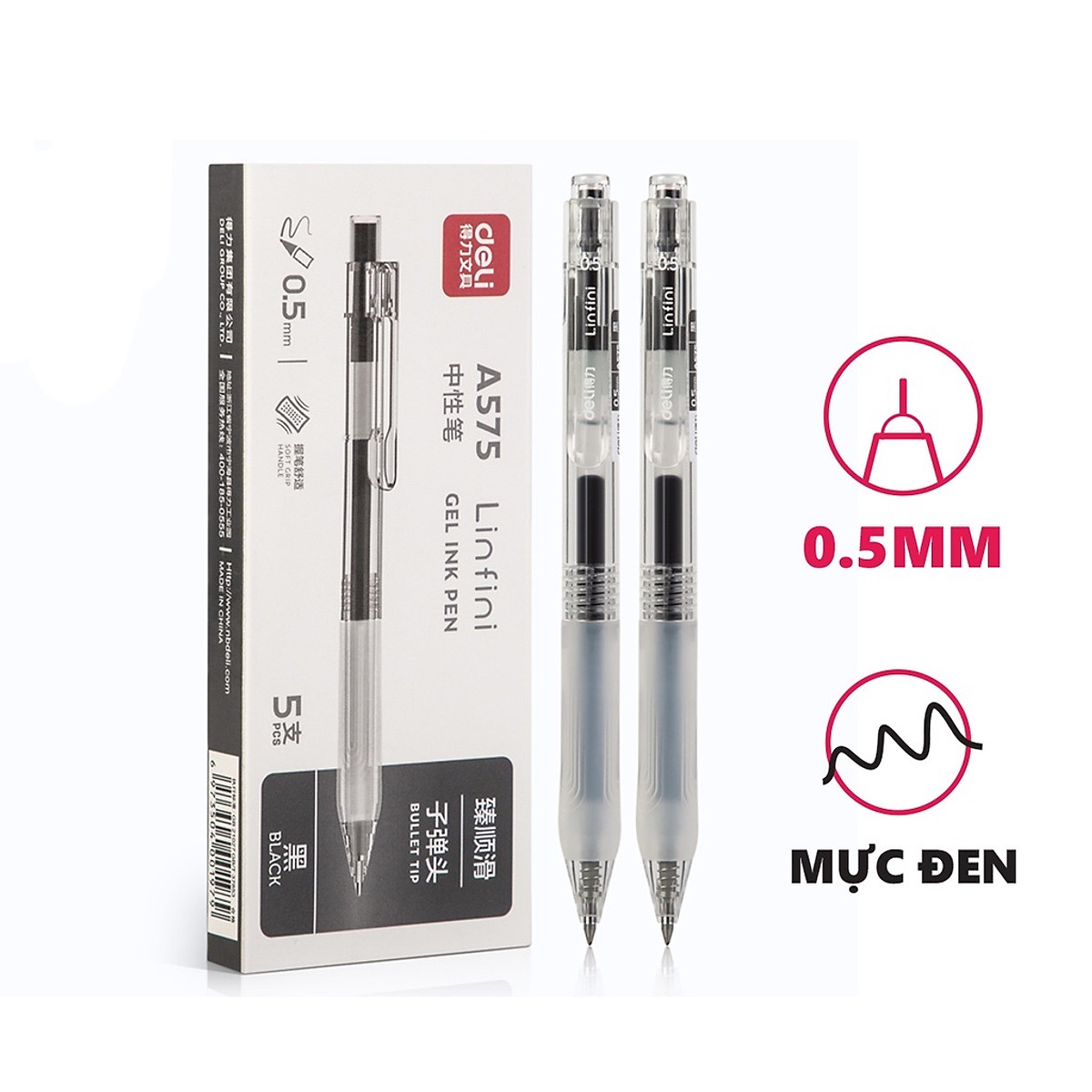 Hộp 5 Bút gel Deli A575 ngòi 0.5mm (viết lên tới 800m)
