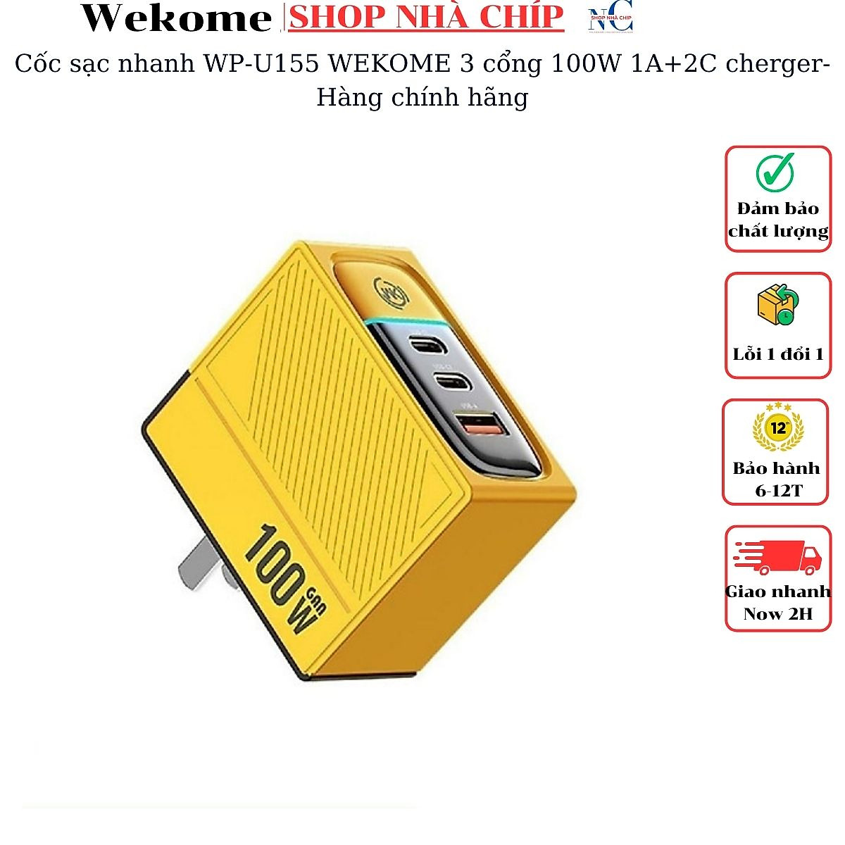Cốc sạc nhanh WP-U155 WEKOME 3 cổng 100W 1A+2C cherger- Hàng chính hãng