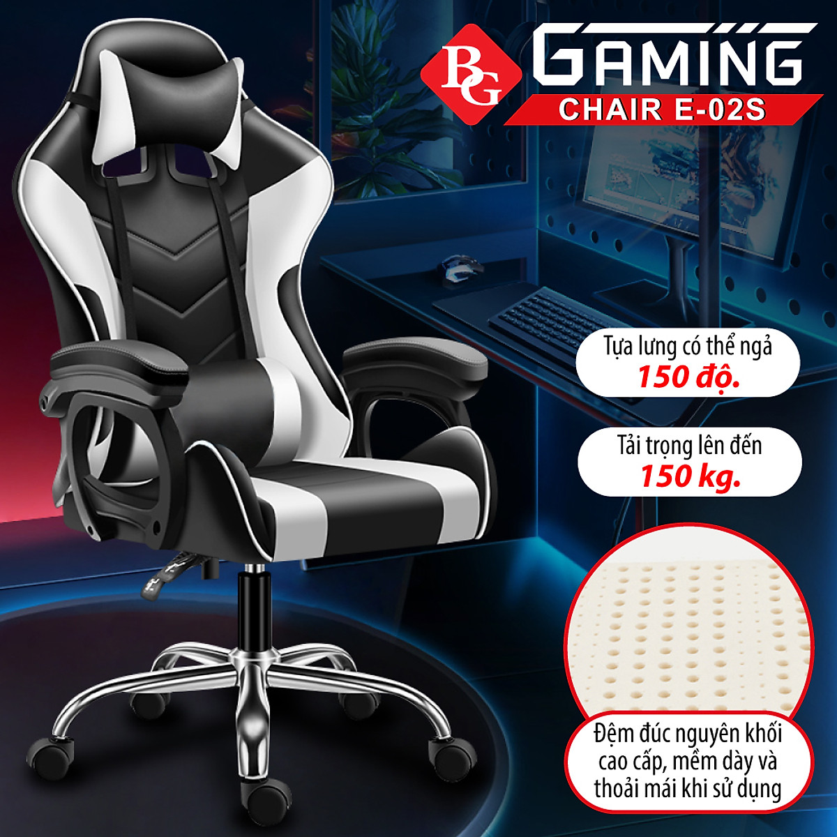 Ghế gaming cao cấp dành cho game thủ BG model mới E02-S WHITE (hàng nhập Ghế Gaming Cao Cấp Dành Cho Game Thủ Bg Model Mới E02-S White (Hàng Nhập