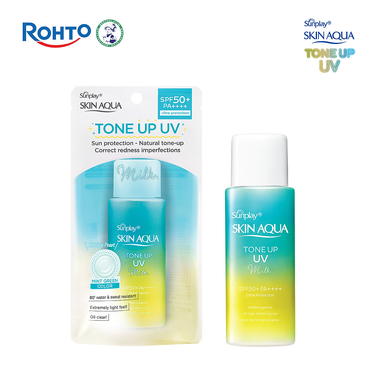 Kem chống nắng nâng tông Skin Aqua Tone up Mint Green cho da trắng có khuyết điểm đỏ, dạng sữa Sunplay Skin Aqua Tone Up UV Milk Mint Green SPF 50+ PA++++ 50g