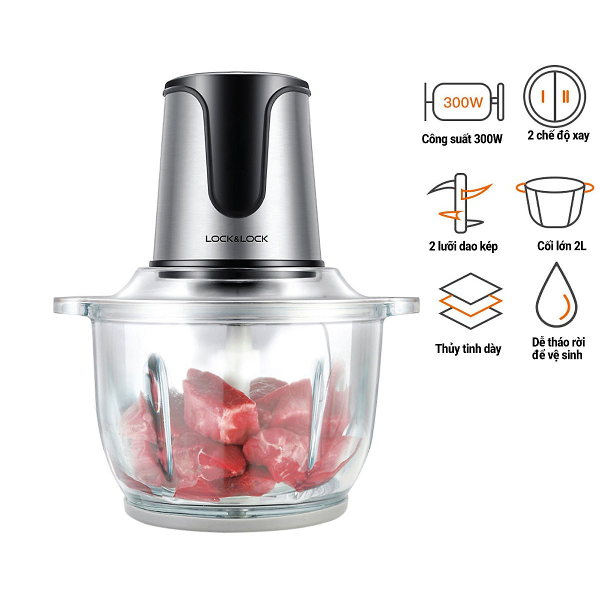 Máy Xay Thịt 2 Lưỡi Dao Kép Lock&Lock EJM171 (2L) - Hàng Chính Hãng, Cối Thủy Tinh Dung Tích Lớn - Tặng Kèm Ống Hút Inox