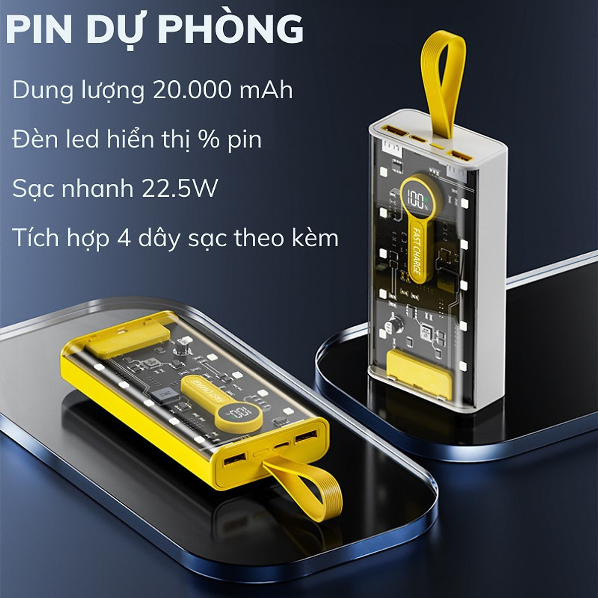 Sạc Dự Phòng 20000mAh - 66W Siêu nhanh sạc nạp dùng bộ vi mạch thế hệ mới - Hàng nhập khẩu