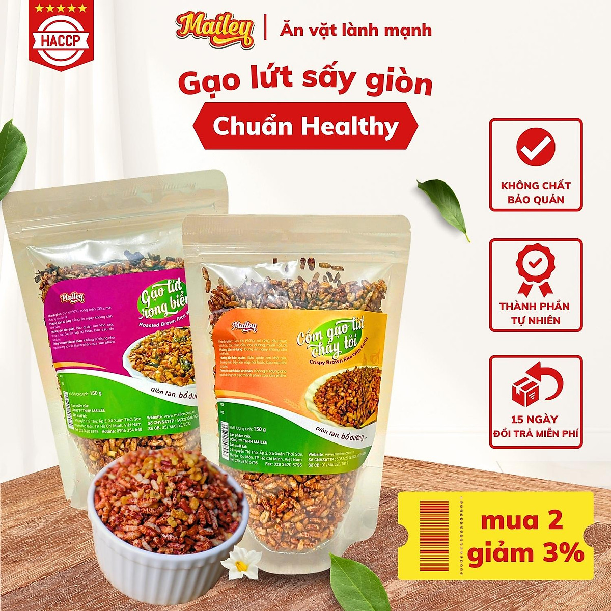 Gạo lứt giảm cân ăn liền Mailey Túi 150g - gạo lứt sấy rong biển/ cháy tỏi ăn kiêng healthy eat clean
