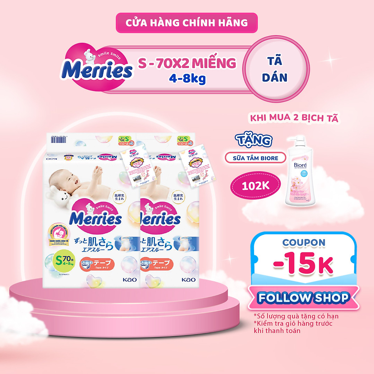 Combo 2 Tã/bỉm dán Merries Đủ Size NB76/S70/M56/L48/XL40