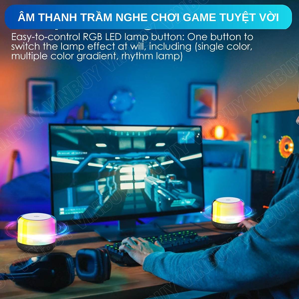 Loa bluetooth mini không dây wireless TWS HiFi loa nghe nhạc âm trầm bass mạnh có đèn RGB đổi màu theo nhạc, hỗ trợ thẻ nhớ - Hàng chính hãng VinBuy