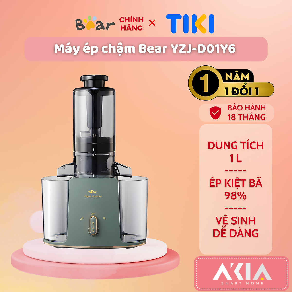 Máy ép chậm Bear YZJ-D01Y6 - Dung tích 1L, Ép kiệt bã 98%, Không rén rau củ - HÀNG CHÍNH HÃNG , BẢN QUỐC TẾ