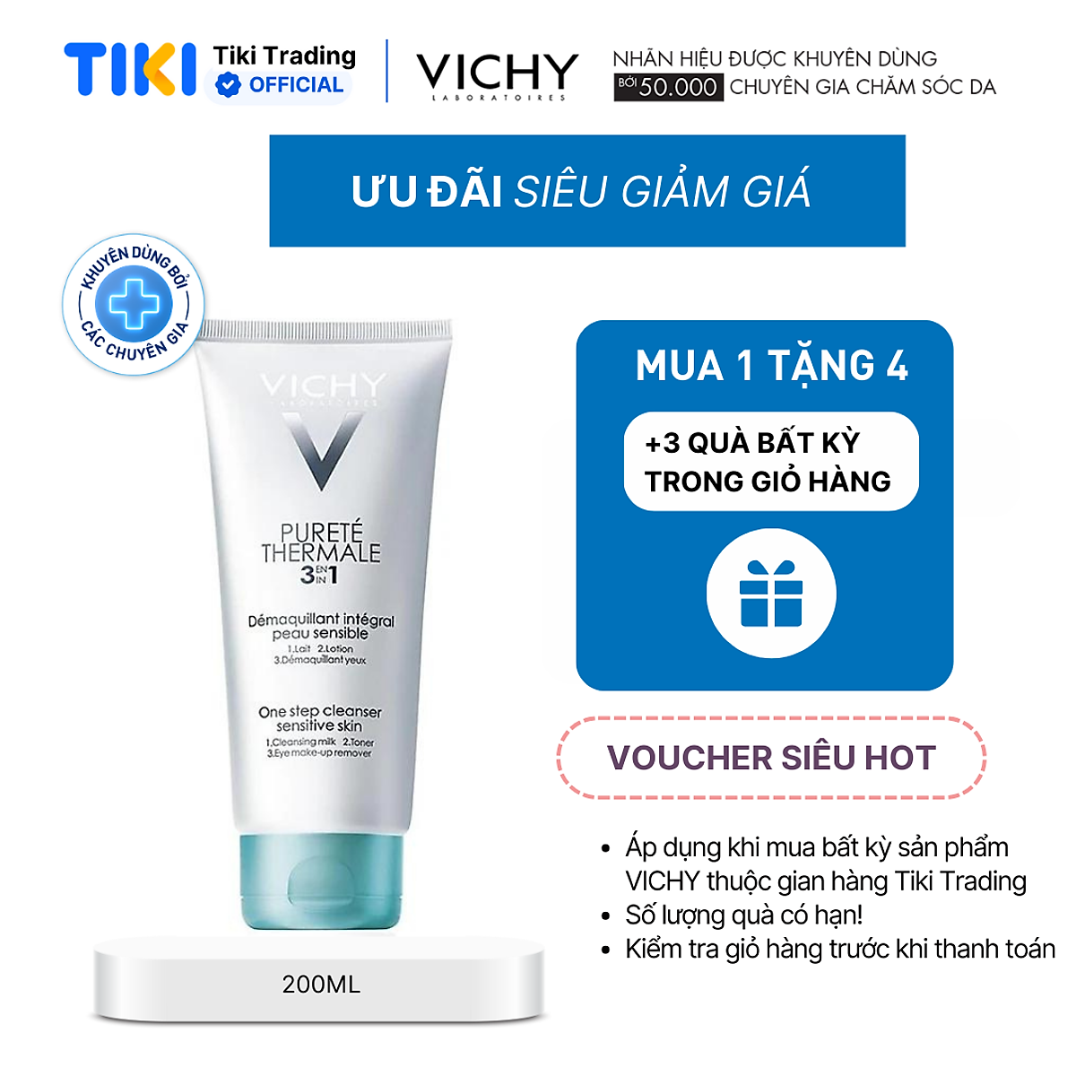 Sữa rửa mặt tẩy trang 3 tác dụng Vichy Purete Thermal One Step Cleanser 200ml