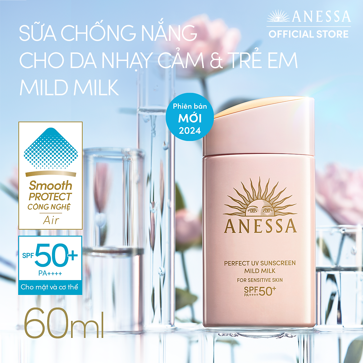 Kem chống nắng dạng sữa dịu nhẹ cho da nhạy cảm và trẻ em Anessa Perfect UV Sunscreen Mild Milk For Sensitive Skin SPF 50+ PA++++ 60ml