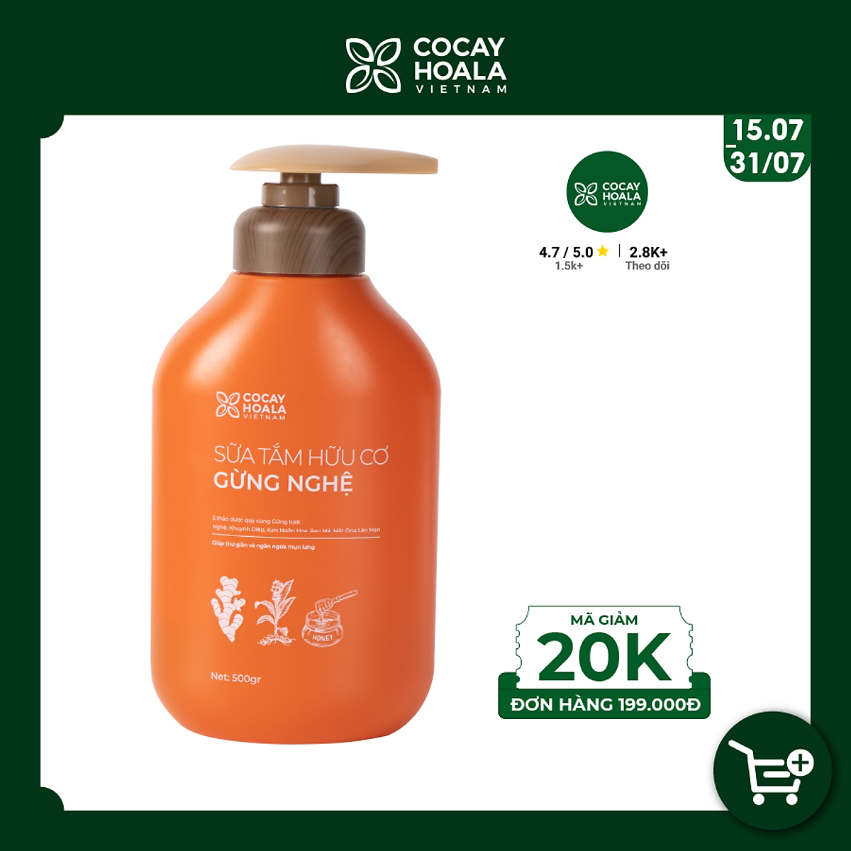 Sữa tắm thảo dược Gừng Nghệ Cỏ Cây Hoa Lá - Chiết Xuất Từ 9 Loại Thảo Dược Quý - Phòng Cảm, Tránh Gió, Dưỡng Da - Cho Con Cho Mẹ, Cho Đại Gia Đình, chai 500gr