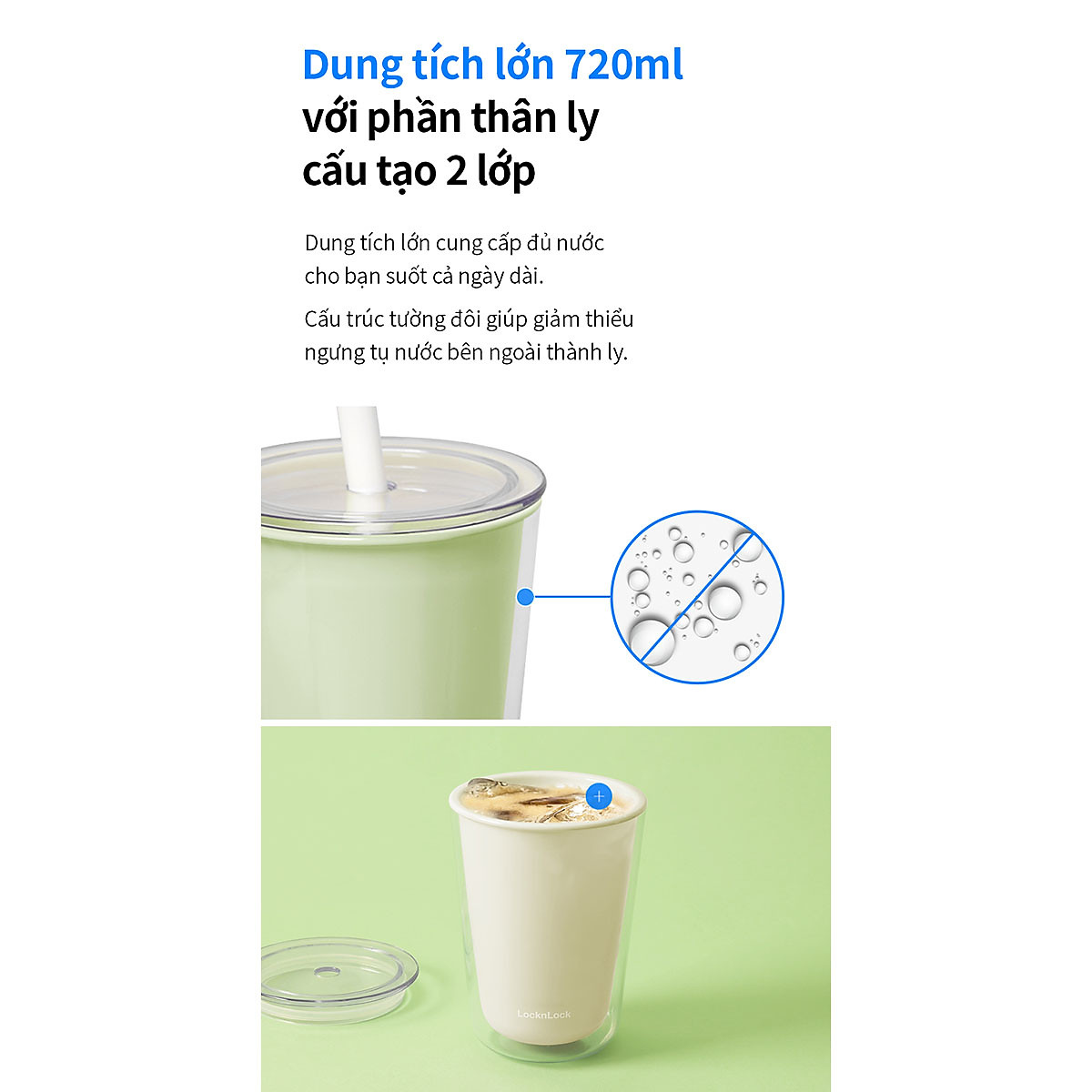 Ly nhựa 2 lớp Bubble Tea Cold Cup LocknLock HAP529 - Kèm ống hút - Dung tích 720ml
