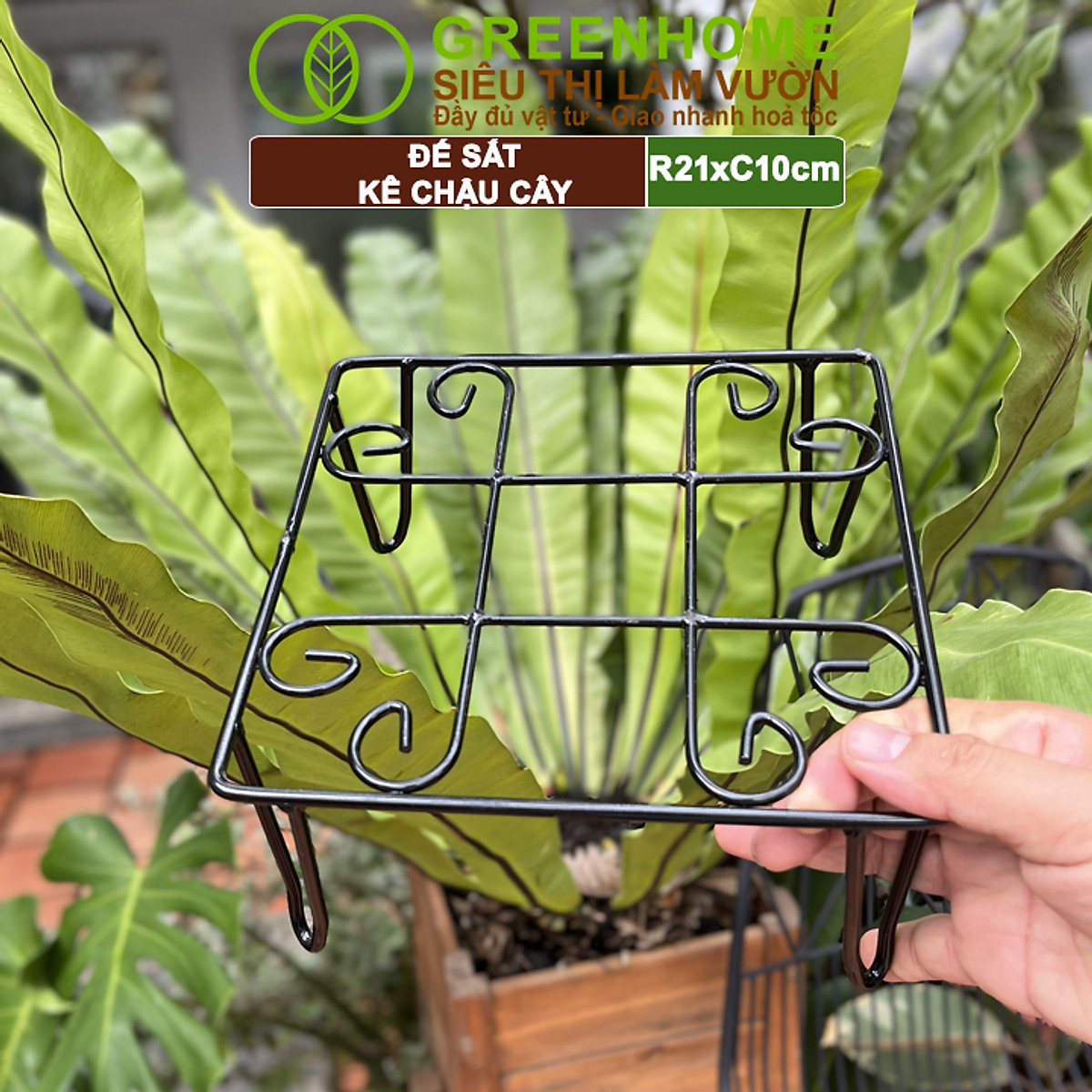 Đế Kê Chậu Cây Greenhome, R21xc10cm, Bằng Sắt Sơn Tĩnh Điện, Màu Đen, Uốn Mỹ Nghệ, Bền, Đẹp, Nhiều Hình Dạng Lựa Chọn