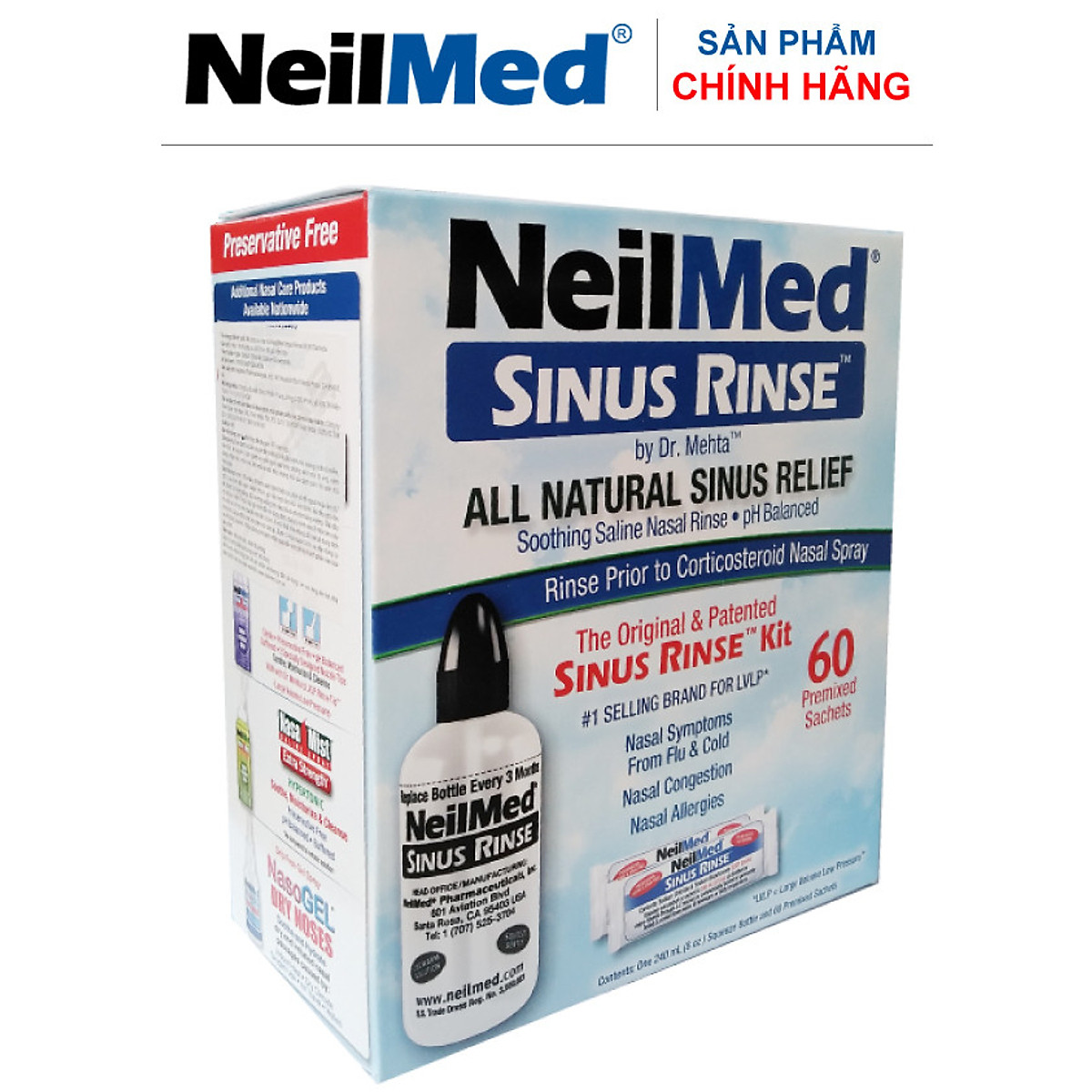 Bình (Bộ Dụng Cụ) Rửa Mũi Xoang Người Lớn NeilMed Sinus Rinse Kit 60 Sachets- xuất xứ Mỹ (1 bình + 60 gói muối)