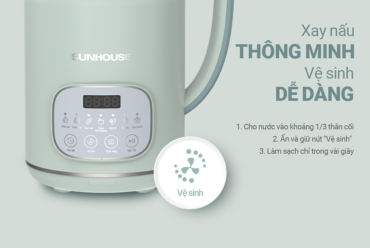 Máy Làm Sữa Hạt Đa Năng Sunhouse SHD5260 – 800ml Cối 2 lớp Lưỡi dao kép 8 cánh, Hẹn giờ nấu thông minh - Hàng chính hãng