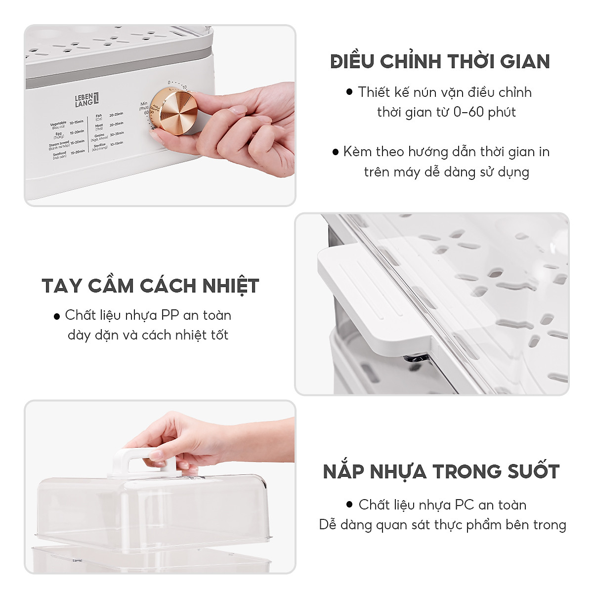 Nồi hấp điện đa năng LEBENLANG LBEL5030 hấp 2 tầng,12L tiện lợi, 800W, bảo hành 2 năm - hàng chính hãng