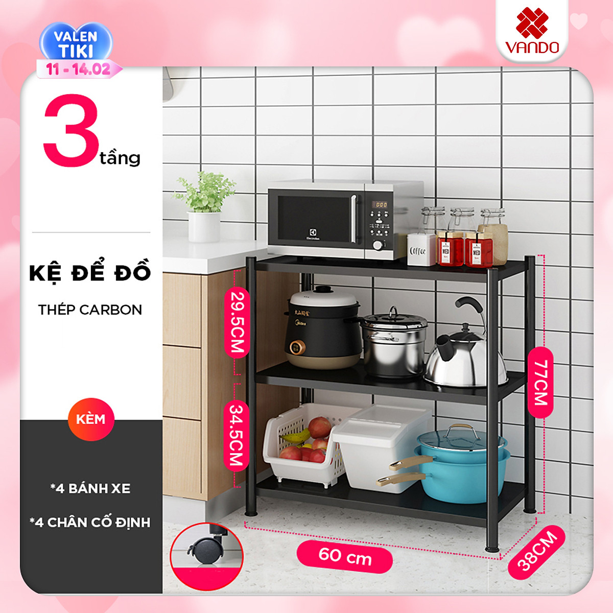 Kệ lò vi sóng đa năng Thép Carbon cao cấp Vando, kệ để đồ nhà bếp siêu chịu lực 300kg sơn tĩnh điện chống bong tróc, kệ nhà bếp