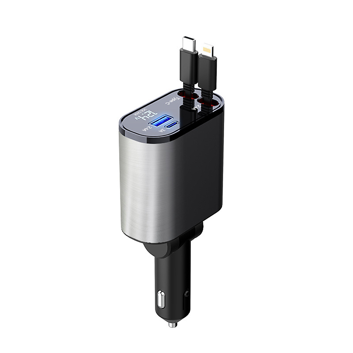 Tẩu Sạc Nhanh Xe Ô Tô TÍCH HỢP DÂY Sạc Type C, Lightning 100W | Hiển Thị Thông Số Sạc, Dây Rút Chống Rối, 4in1