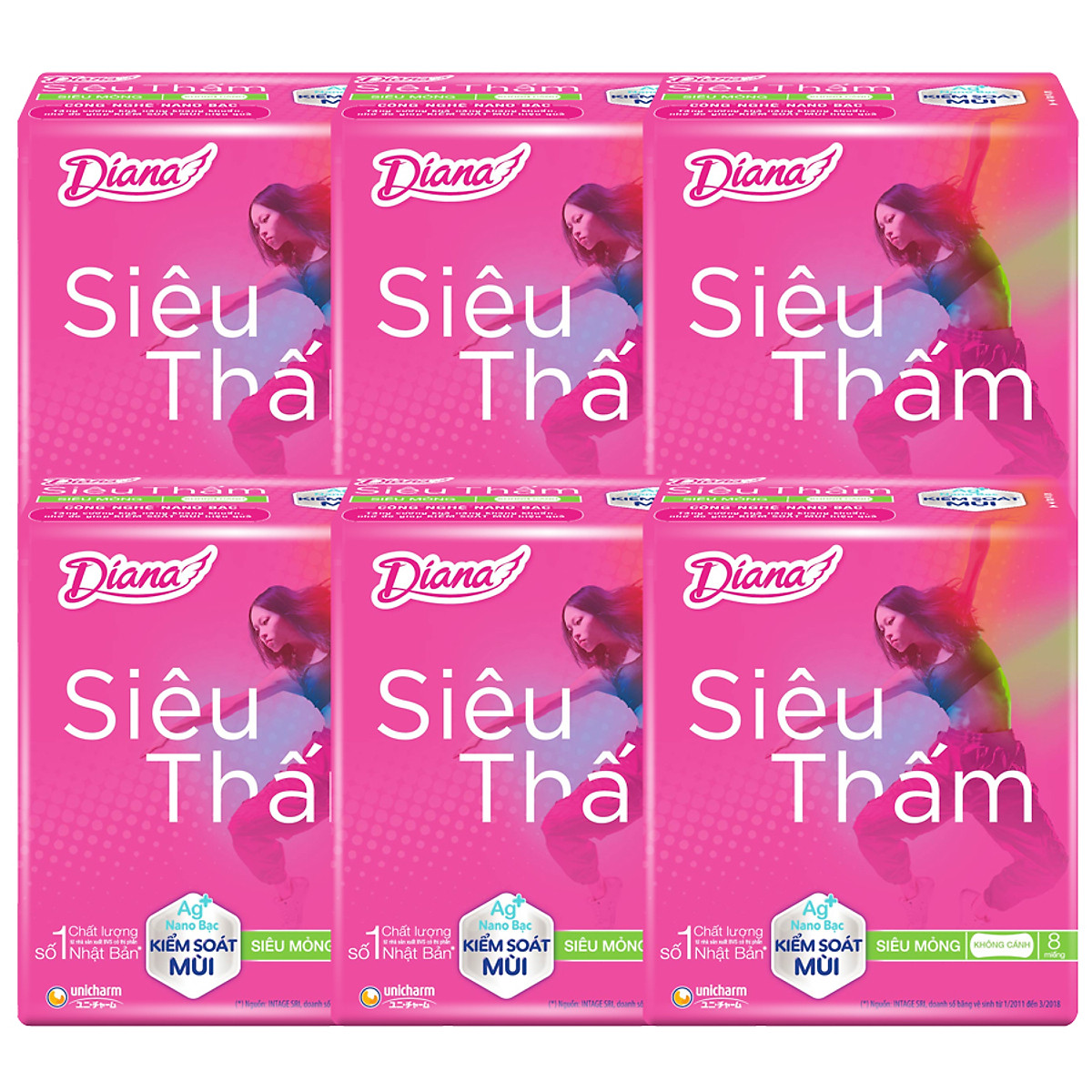 Combo 6 Băng Vệ Sinh Diana Siêu Thấm Siêu Mỏng Không Cánh (Gói 8 Miếng)