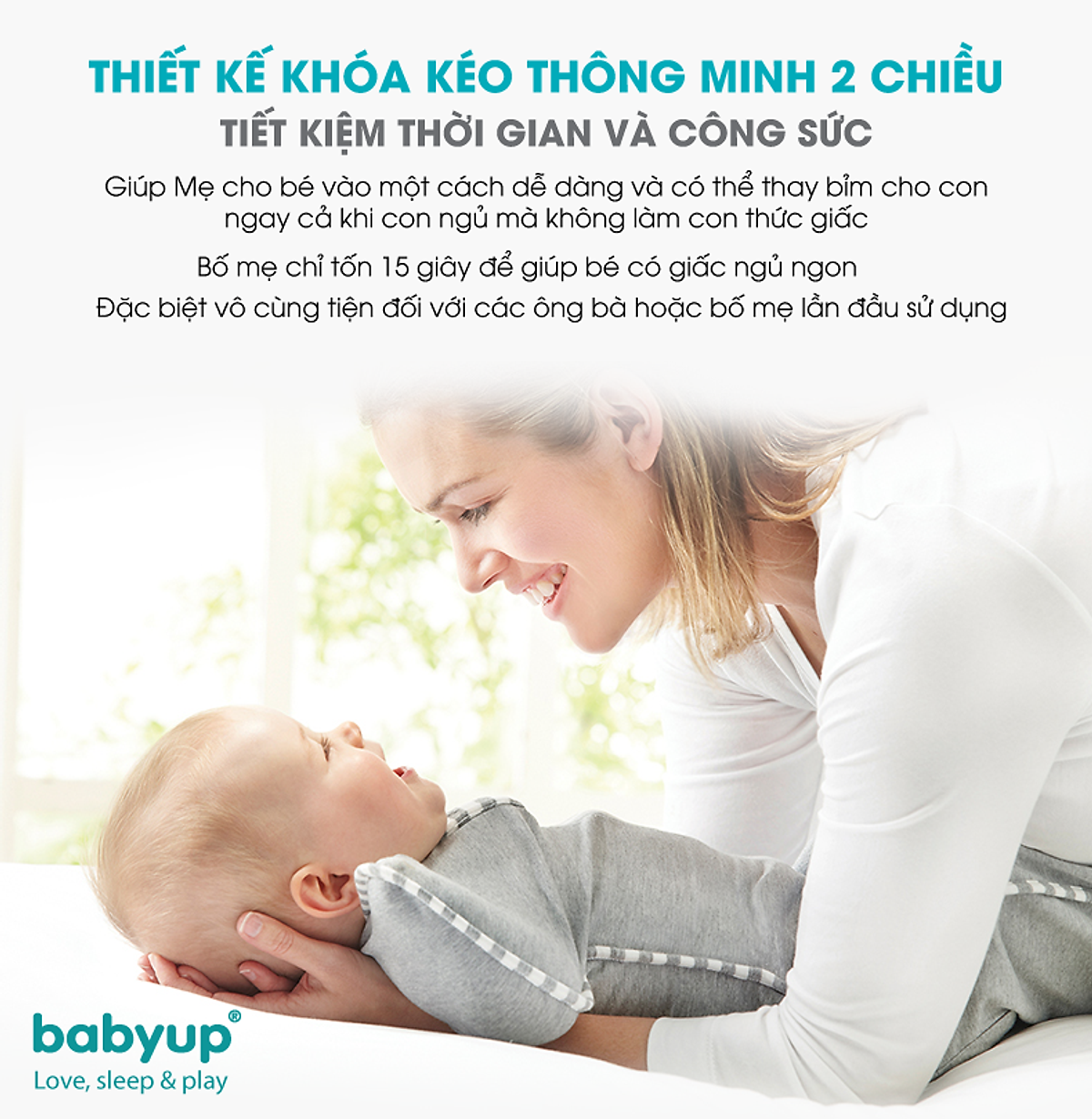 Nhộng chũn cho bé cao cấp Babyup. Nhộng ngủ cho trẻ sơ sinh Giúp bé ngủ ngon, sâu giấc, chống giật mình - Nhộng ngủ Vải cotton co giãn 4 chiều, mềm mại thoáng mát - Có khóa kéo 2 chiều