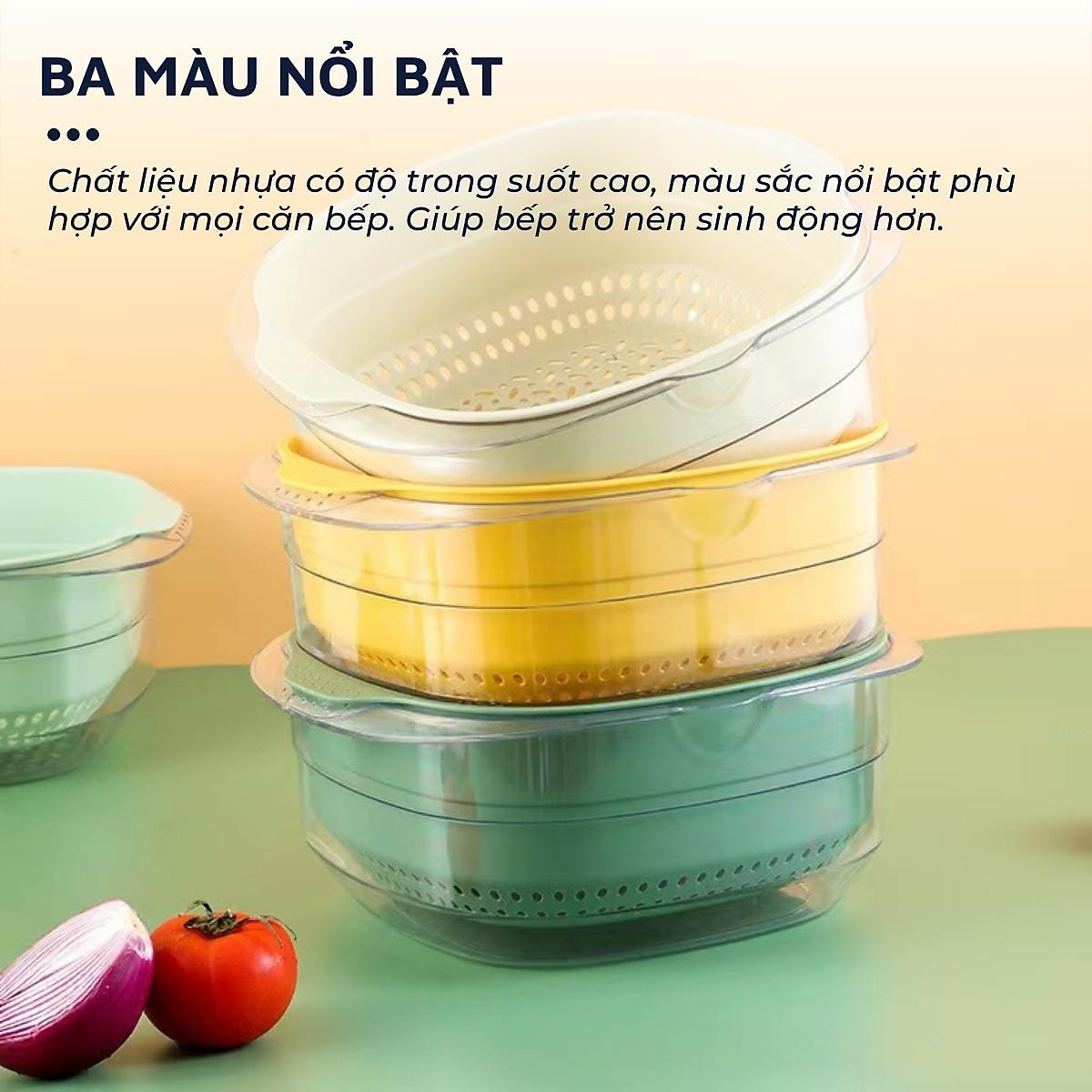 Rổ đựng đồ kèm chậu thau rửa rau củ đựng hoa quả trái cây 2 lớp siêu cứng siêu bền