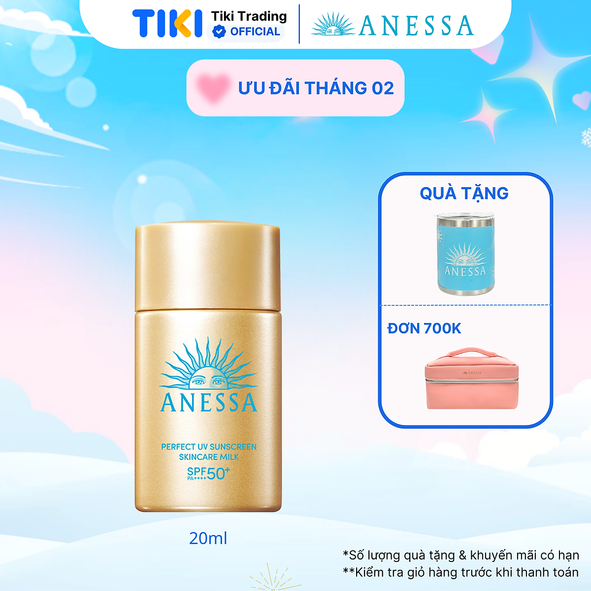 Kem chống nắng dạng sữa dưỡng da kiềm dầu bảo vệ hoàn hảo Anessa Perfect UV Sunscreen Skincare Milk SPF 50+ PA++++ 20ml